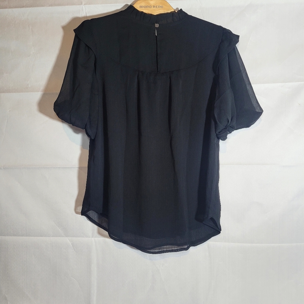 NWT Loft black bubble short sleeve top with ruffled neck line and sheer underlay